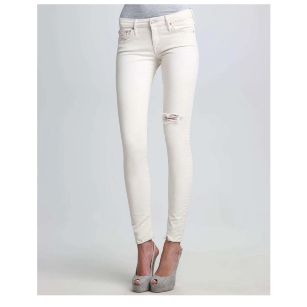 MOTHER The Looker Mid Rise Distressed Chewed Skinny in Cream for a Day Destroyed